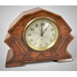 An Art Deco Inlaid Burr Walnut Mantle Clock with 8 Day Movement by Smith, 20cm wide and 16cm High