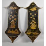 A Pair of Early 20th Century Chinoiserie Decorated Black Lacquered Tall Wall Sconce Shelves, Each