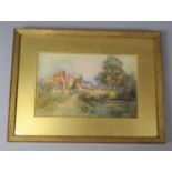 A Small Gilt Framed Watercolour Depicting Cottages Beside Pool, Monogrammed JSH, 20x12cm
