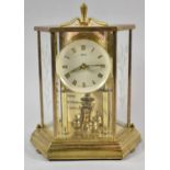 A Mid 20th Century Kundo Brass Pillar Clock in Hexagonal Case with Etched Glass Panels, Complete