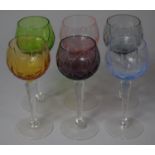 A Set of Six Coloured Glass Hock Glasses
