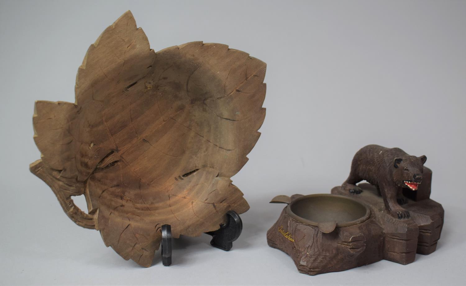 A Black Forest Carved Wooden Novelty Ashtray In the Form of a Bear Together with a Carved Wooden