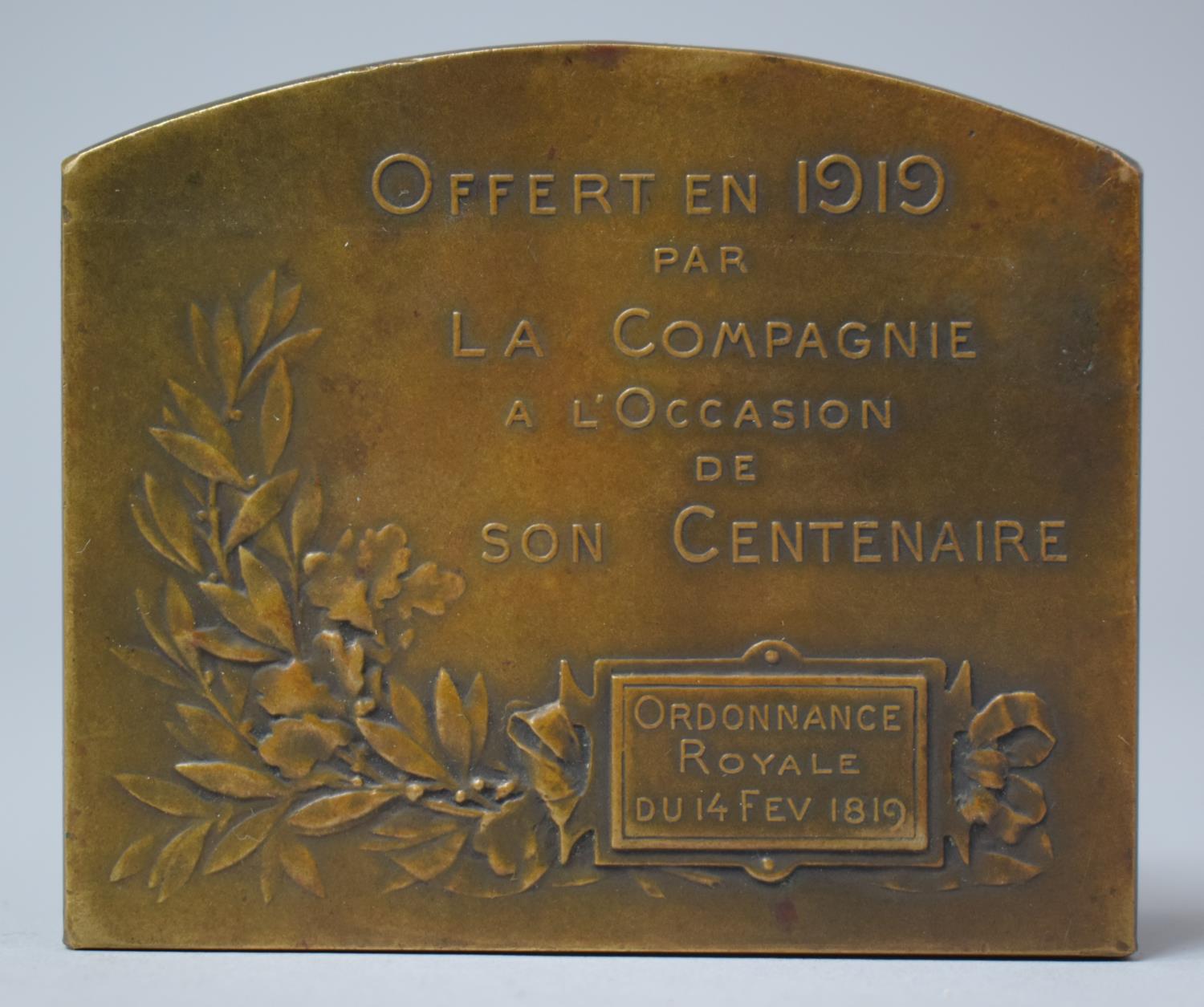 A French Bronze Plaque Commemorating the Centenary of French Insurer Ordornnance Royale Founded 14th