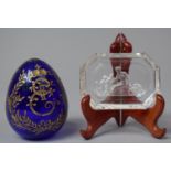 A Russian Etched and Gilt Decorated Cobalt Blue Glass Egg Together with a Small Pin Dish with