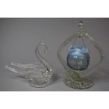 A Glass Dish in the Form of a Swan Together with a Blue Vaseline Glass Hanging Basket on Stand