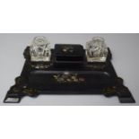 A Late 19th/Early 20th Century Lacquered Papier Mache Inkstand with Centre Lidded Box Flanked by Two