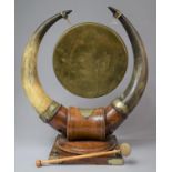 An Edwardian Brass Mounted Oak Novelty Dinner Gong Having Cattle Horn Support, 46cm high