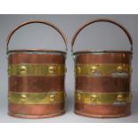 A Pair of Cylindrical Brass Banded Copper Buckets with Loop Handles, 19cm Diameter and 20cm high