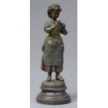 A French Cold Painted Spelter Study of Standing Girl with Knitting Needle and Ball of Wool In Pocket