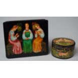 A Russian Lacquered Box the Hinged Lid Decorated In Coloured Enamels Depicting Fairy Story