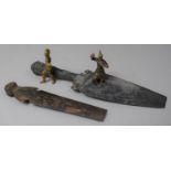 Two Metal Figures Depicting Greek Warriors and Metal Dagger and Spear Blade, Both AF