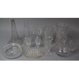 A Collection of Various Glassware to comprise Etched Epergne Trumpet, Bowl, Jug, Vases