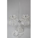 A Glass Two Branch Candelabra with Chromed Candle Holder Having Inner Threads, With Droppers, 51cm