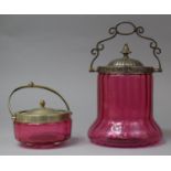 An Edwardian Cranberry Glass Biscuit Barrel with Silver Plated Handled and Lidded Mount, (Requires