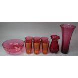 A Collection of Various Cranberry Glass to comprise Large Vase, Six Italian Tumblers, Bowl, Vases