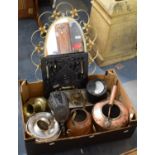 A Box of Metalwares to Include Cast Iron Pierced Arch, Two Copper Kettles (missing Lids) Silver