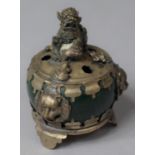 A Small Oriental White Metal Mounted Lidded Censer with Foo Dog Finial, 8cm High