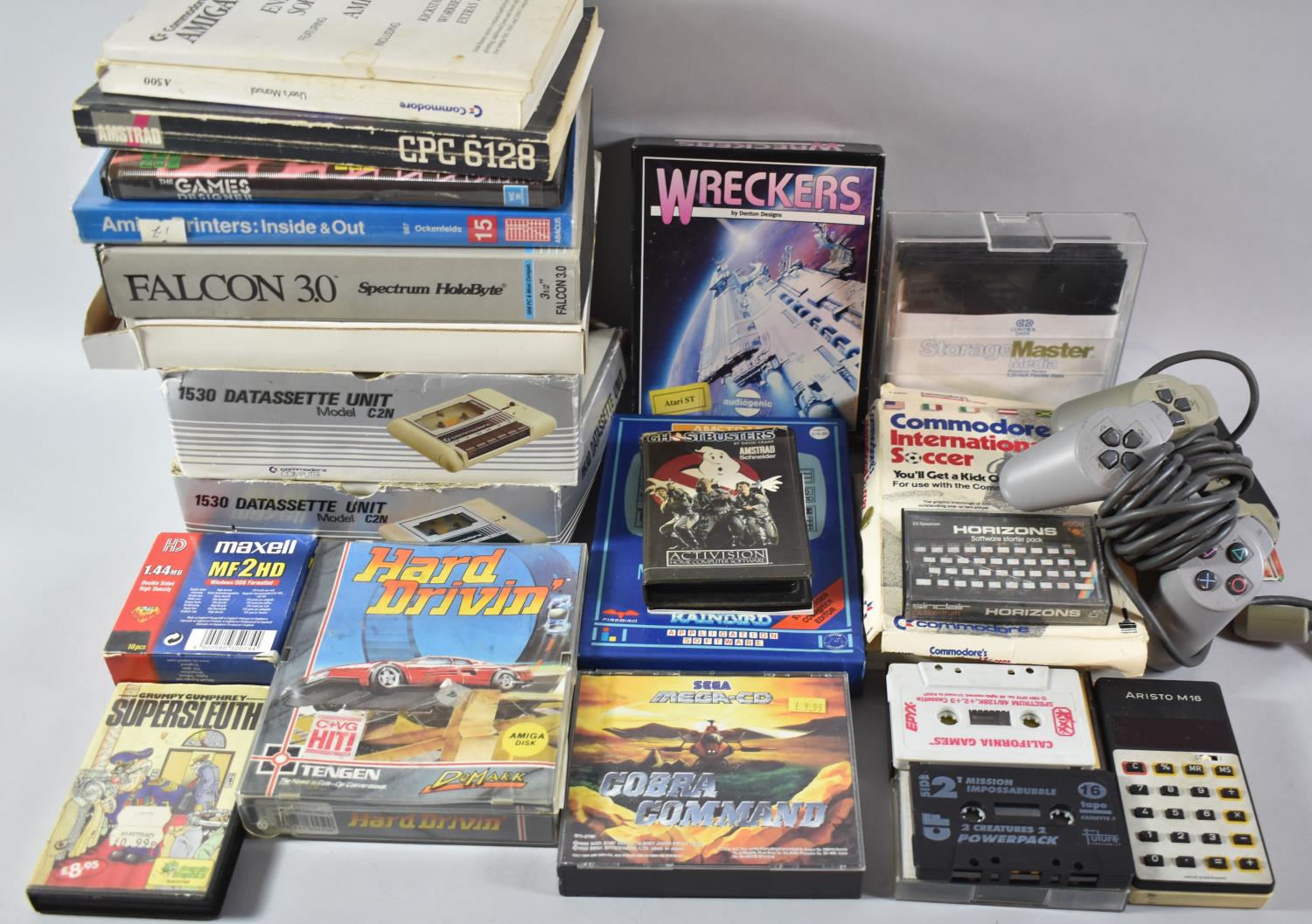 A Collection of Various Vintage Computer Books, Games, Controllers, Cassette Units Relating to