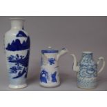 A Collection of Three Pieces of Various Oriental Blue and White to Include Vase, Side Pouring Pot