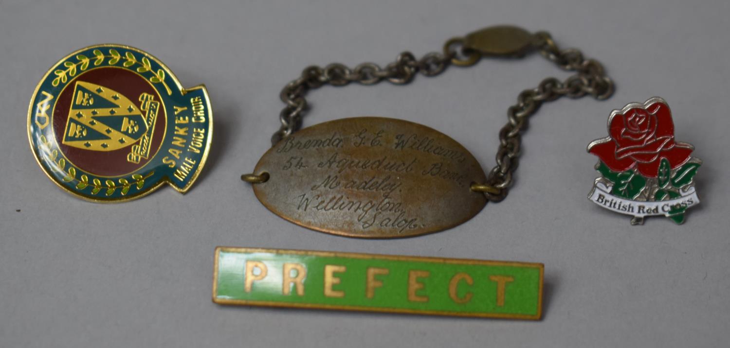 An Enamelled Sankey Male Voice Choir Lapel Bin, Silver ID Bracelet and a Vintage Prefect School