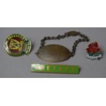 An Enamelled Sankey Male Voice Choir Lapel Bin, Silver ID Bracelet and a Vintage Prefect School