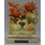 A Carved Soapstone Ornament of Swans and Flowers, 11cm high
