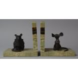 A Pair of Novelty Marble Bookends with Bronzed Mice Mounts, Each 15cm Long, Condition Flaws to