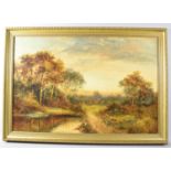 A 19th Century English School Oil on Canvas Depicting Woodland Cottage and Pond, Signed Henry