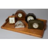 A Mid 20th Century Wooden Two Handled Tray Containing Various Vintage Clocks