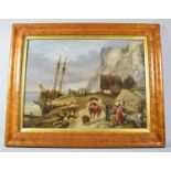 A Maple Framed Oil on Board, 18th Century Harbour Scene 41x31cm