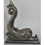 A 19th Century Style Cast Metal Door Porter in the Form of a Dolphin on Rectangular Plinth Base,