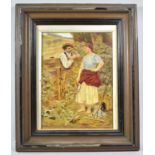 A Framed Painting Over Print Depicting Farmer and Farm Girl, 25x19cm