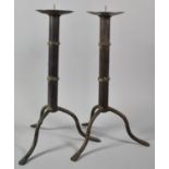 A Pair of Wrought Iron Tripod Candle Prinkets, Each 38cm high