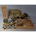 A Box of Sundries to Include Wooden Chess Board, Canvas Bag, Parker Pen, Shoe Last, Port Box etc