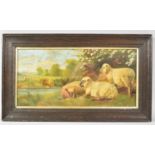 An Oak Framed English School Oil on Board Depicting Sheep Beside River, 33x16cm