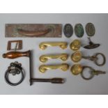 A Collection of Various Brass and Metal Door and Drawer Handles Together with a Table Key