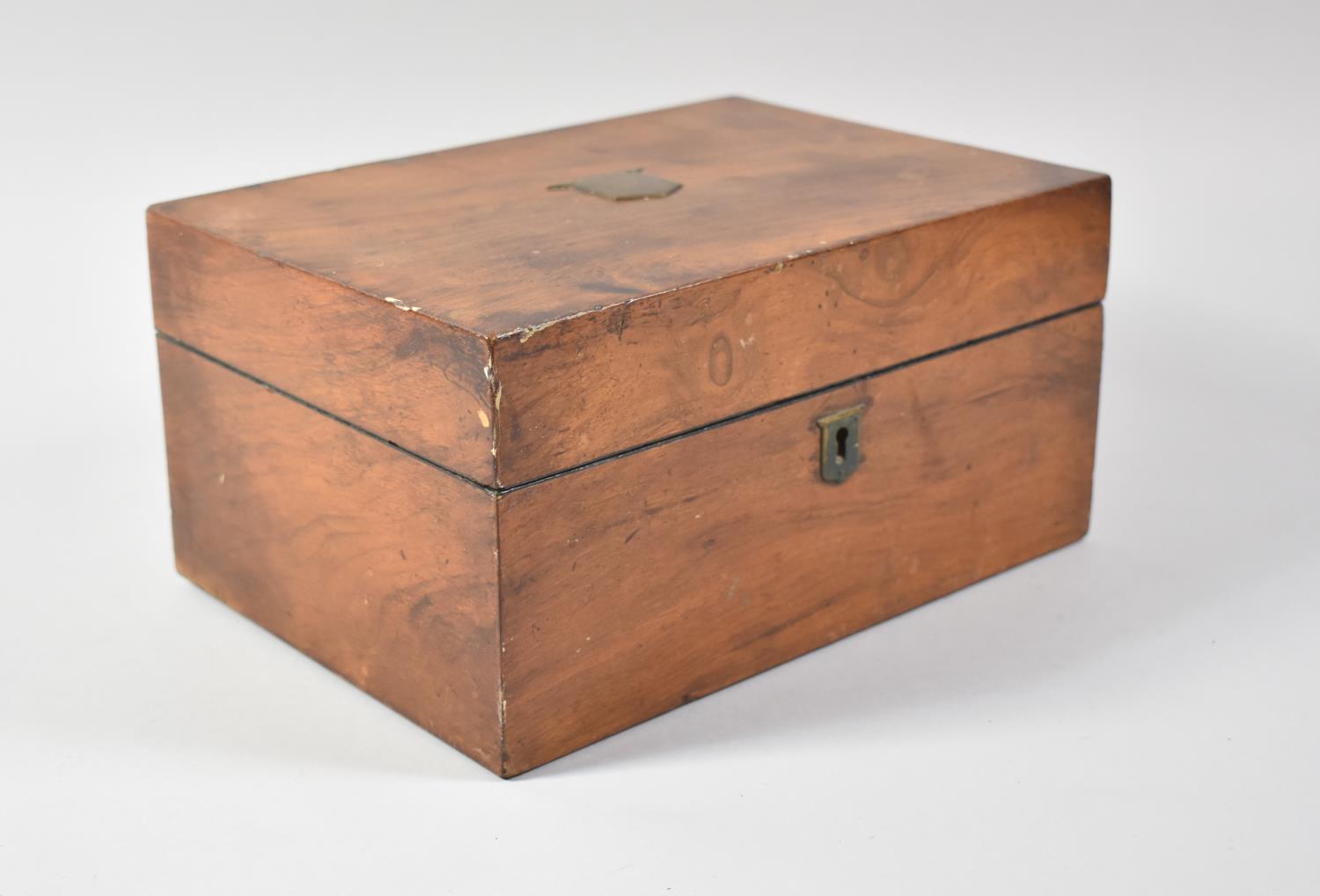 A Late 19th Century Walnut Ladies Work Box with Shield Escutcheon to Hinged Lid, 25cm wide