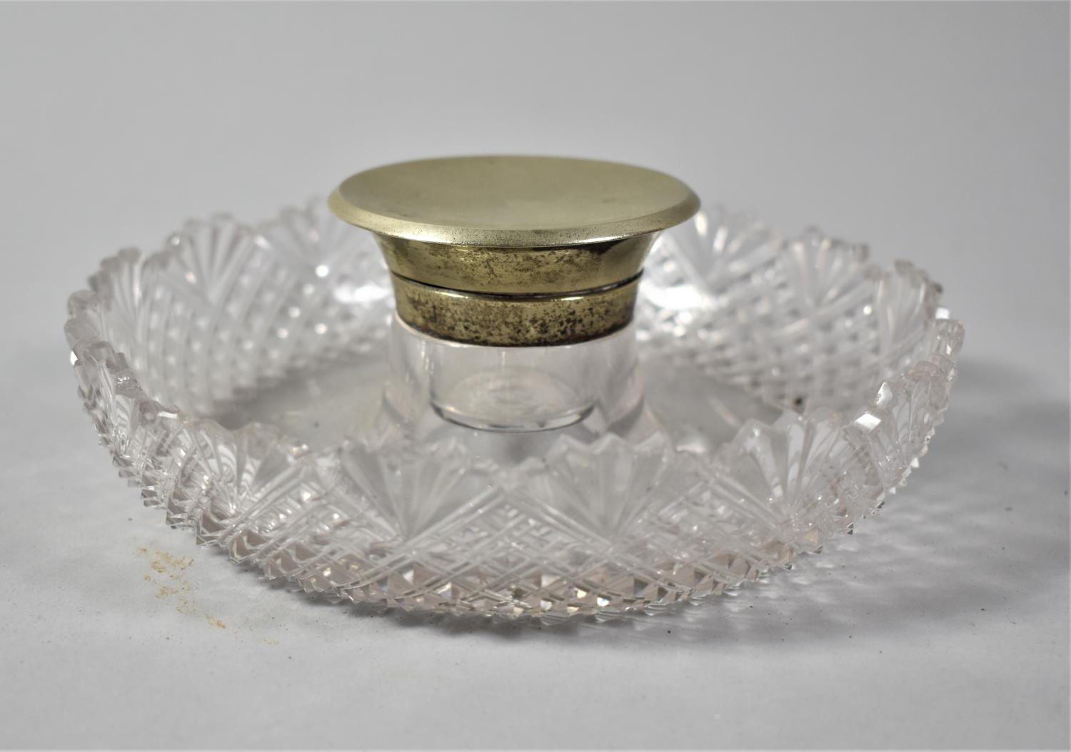 A Circular Cut Glass Desktop Inkwell with Silver Plated Lid, 15cm Diameter