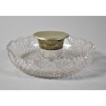 A Circular Cut Glass Desktop Inkwell with Silver Plated Lid, 15cm Diameter