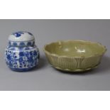A Modern Thai Celadon Glazed Shaped Bowl Together with a Modern Blue and White Ginger Jar, Bowl 20cm