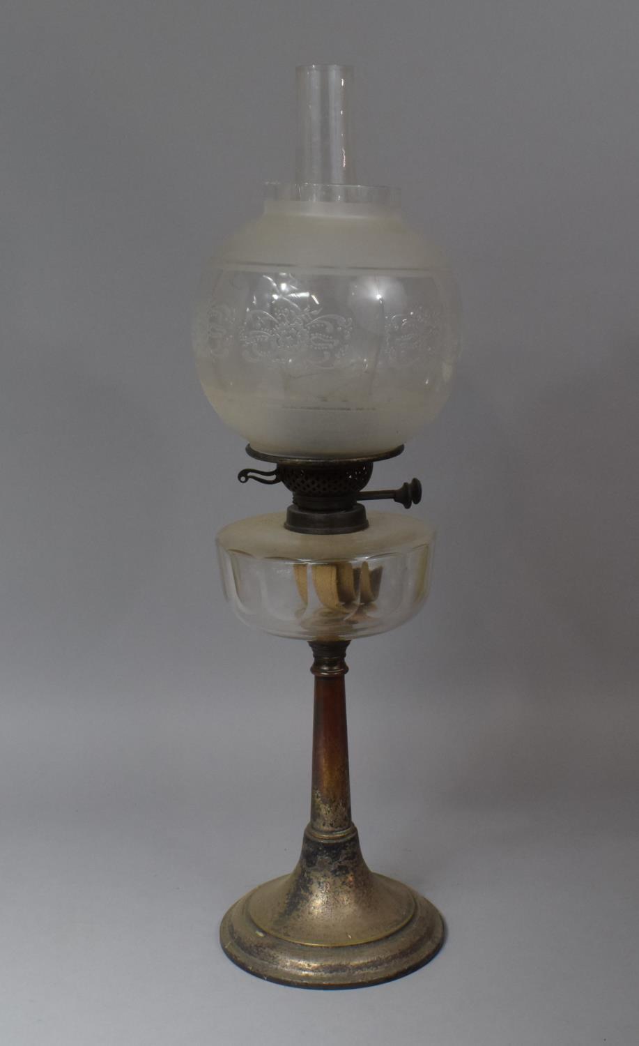 A Late Victorian/Edwardian Table Top Oil Lamp with Cut Glass Reservoir, Low Chimney on Circular