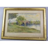 A Framed French Watercolour Depicting Le Petit Andelys Bridge, 45x28cm