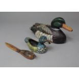 A Painted Wooden Decoy Style Duck, 19cm wide, Together with a Letter Opener and a Small Novelty Bowl