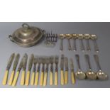 A Collection of Various Metawares to comprise Lidded Entree Dish, Bone Handled Fish Servers and