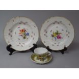A Miniature Dresden Cup and Saucer Together with a Pair of Meissen Hand Painted Plates Decorated