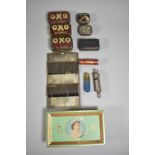 A Tin Containing Various Vintage Curios to Include Oxo Cube Tins, HMV Needle Tin, Needle Sets,