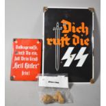 Two Reproduction Nazi Signs Together with a Reproduction Wooden SS Lazarett Berlin Stamp