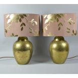 A Pair of Brass Vase Shaped Table Lamps with Oval Shades, 42cm high