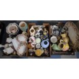 Three Boxes Containing Various Ceramics, Vases, Large Meat Plate, Jugs, Planters, Animal and Bird