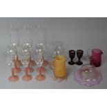 A Collection of Various Coloured Glassware to comprise Pink Stemmed Opaque Glasses, Cranberry